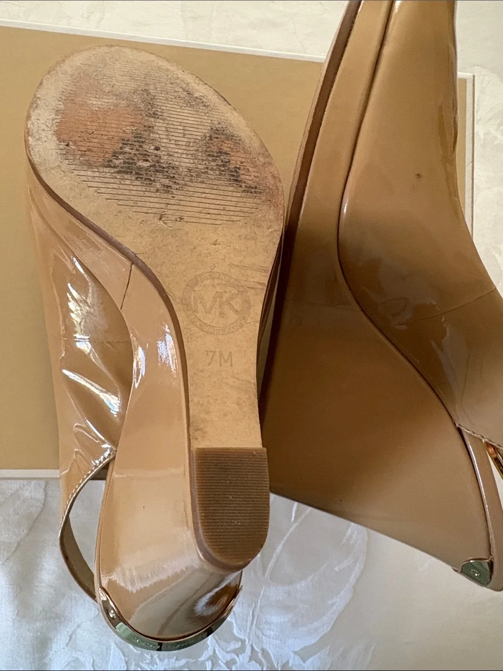 Michael Kors Beige Patent Peep-Toe Wedge Slingback Heels